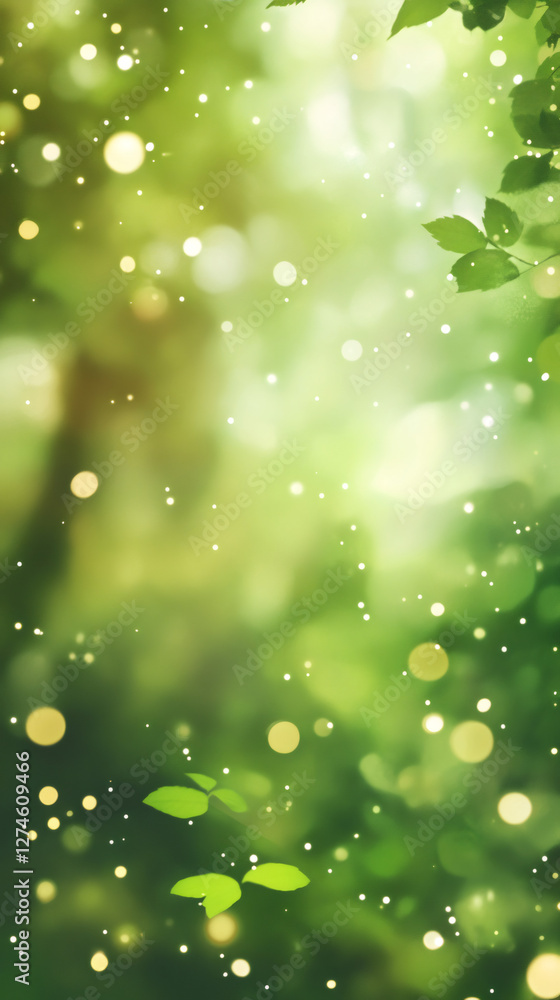 Poster green bokeh background with falling leaves creating a magical and dreamy atmosphere, perfect for nat