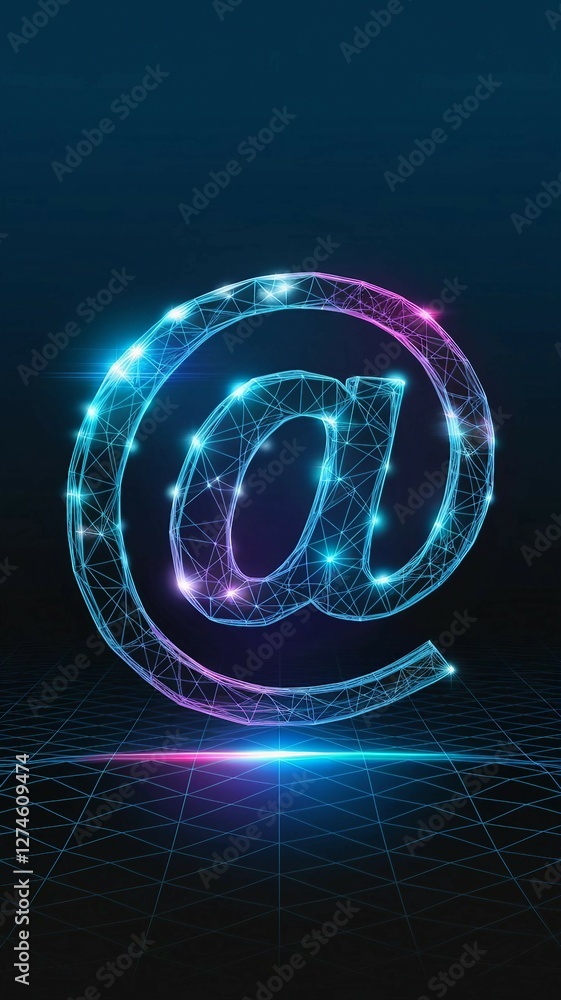 Poster high-tech digital @ email icon on a blue background. email communication, instant messaging, and glo