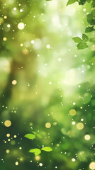 Fototapeta premium Green bokeh background with falling leaves creating a magical and dreamy atmosphere, perfect for nature and fantasy themed projects