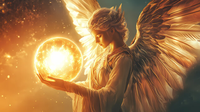 A serene illustration of archangel uriel holding glowing orb, radiating warmth and light. Celestial Light Wings. Illustration