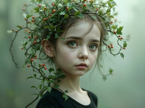 Fantasy girl with brown hair and holly crown