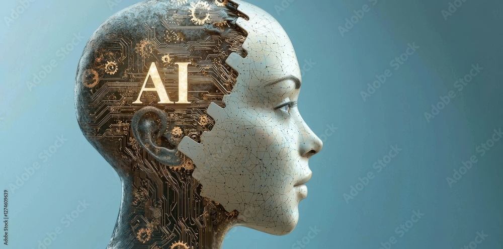 Poster a 3d rendering of a creative head outline and cogs ai hologram on a dark blue tech background with a