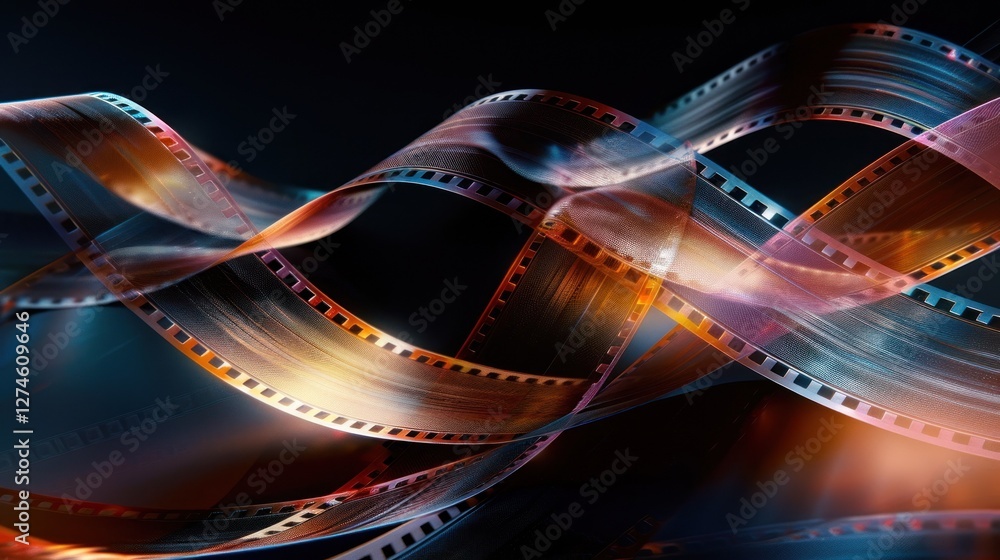Poster colorful celluloid film strips are elegantly arranged in a wave pattern against a deep black backgro
