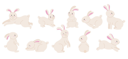 Cute set with hares and rabbits in flat simple style. Gray hares animals set in different positions and scenes, running, sleeping, cute standing. Beautiful animals for farm, Easter or children's desig