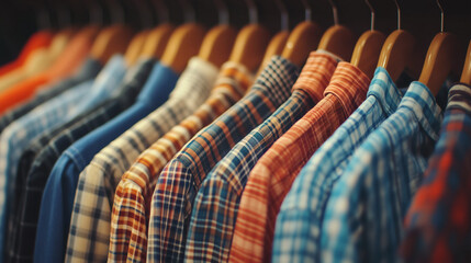 Camisas de cuadros colgadas en perchas de madera