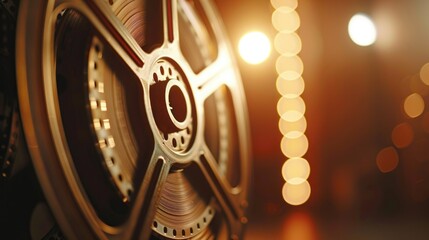 In an evocative setting a film reel occupies the foreground while a softly blurred screen in the background suggests the magic of classic cinema. The warm lighting enhances the nostalgic feel