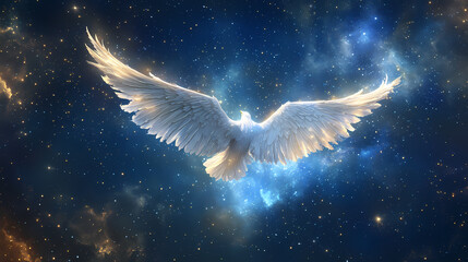 Fototapeta premium Angelic wings soaring through the cosmic sky, digital art, white wings against a starry night sky, celestial, angelic, wings, star. Celestial Light Wings. Illustration