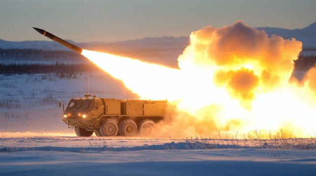 Lanzamiento de misil desde veh&iacute;culo militar en terreno nevado