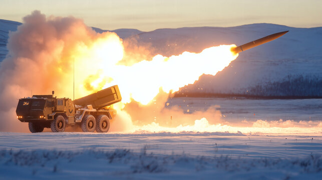 Lanzamiento de misil desde veh&iacute;culo militar en terreno nevado