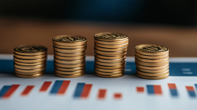 Pilas de monedas sobre gr&aacute;fico financiero con barras estad&iacute;sticas