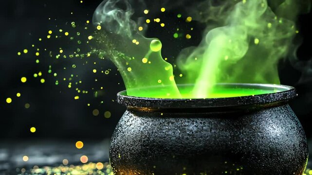 Enchanting green potion simmering in a cauldron with vibrant bubbling mist