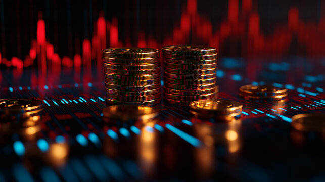 Pilas de monedas con gr&aacute;fico financiero digital en fondo oscuro