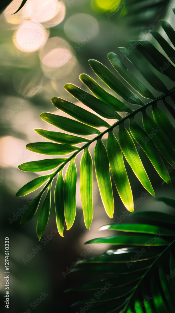 Poster close-up of vibrant green palm leaf with sunlight filtering through, creating a tropical and serene 