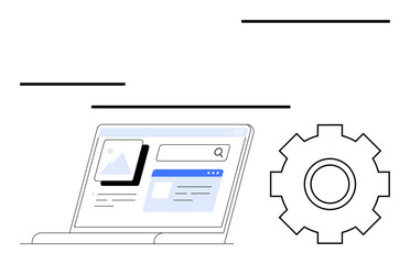 Laptop screen showcasing a webpage layout with a search bar and image card. Large gear symbol representing settings, customization, or optimization. Ideal for technology, web design, UIUX, SEO