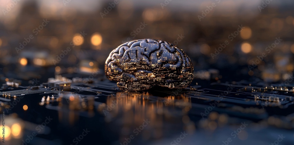 Poster a holographic digital brain with glowing blue circuits is set against a blurred backdrop, symbolizin