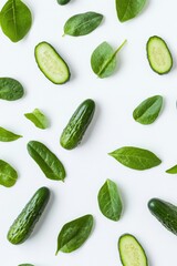 Fresh Green Mini Cucumbers Gathered on Bright White Surface for Healthy Salad Ingredients