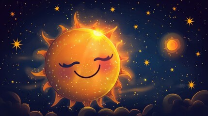 Fototapeta premium Adorable sun vector with a starry night background, glowing brightly, on a white background