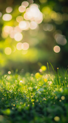 Obraz premium Fresh green grass glistening with morning dew, creating a beautiful bokeh effect with the sunlight filtering through the trees