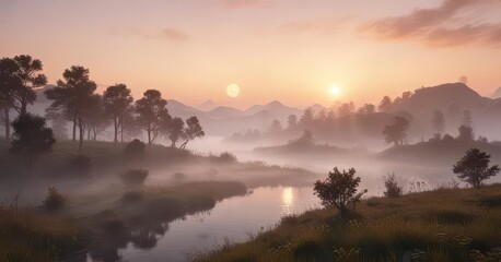 Obraz premium Softly glowing mist surrounds a serene landscape at dawn, sunrise, outdoor