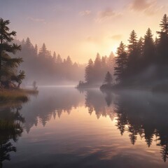 Fototapeta premium Softly glowing mist surrounds a serene lake at dawn, natural scenery, dawn light