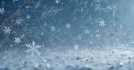 Obraz premium Softly glowing snowflakes fall in a misty abstract winter sky with pastel shades of blue and white , soft focus, frost