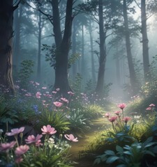 Obraz premium Softly glowing watercolor flowers in a misty forest, watercolor, outdoors