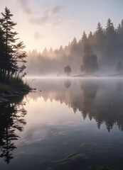 Fototapeta premium Soft white mist rises from a serene lake at dawn, calm, reflection