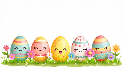 Cheerful cartoon Easter eggs with smiling faces surrounded by flowers on a grassy background