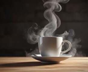Steaming cup of coffee with swirling smoke rising upwards,  beverage,  smoke