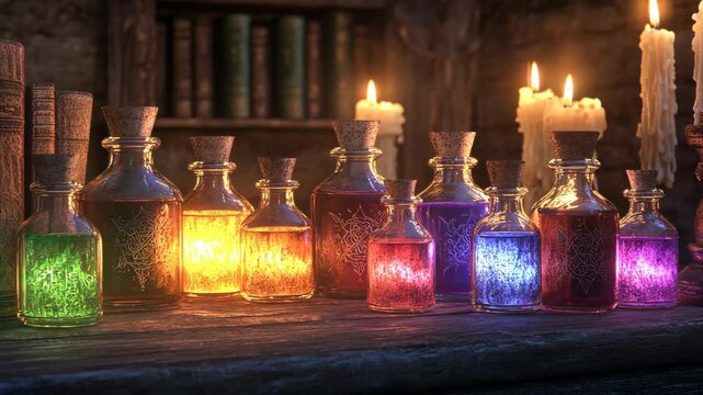 Glowing potion bottles illuminated by candlelight on mystic wooden table