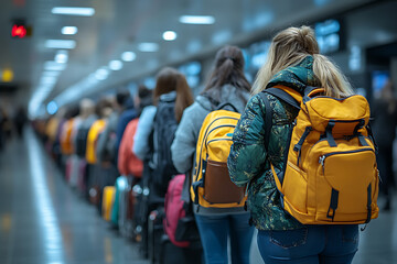 A long queue of travelers waiting in line at an airport check-in counter, carrying various types of luggage. 