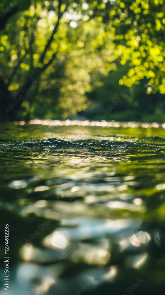 Aufkleber Close-up view of water surface with small waves and reflections of sunlight, blurred green trees in background