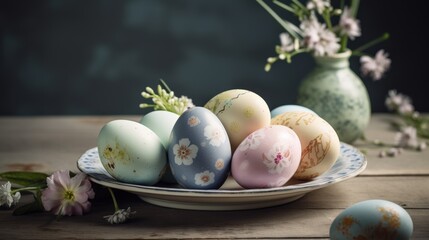 Easter eggs decorated with elegant floral and ornamental patterns. The pastel-colored eggs are carefully arranged on a ceramic plate placed on a rustic wooden table.