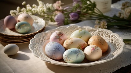Vintage Easter eggs adorned with exquisite floral patterns and lace details. The eggs are placed in a white lace-designed plate on a table covered with a delicately embroidered tablecloth.