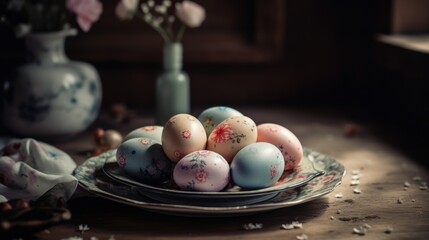 An atmospheric vintage composition featuring hand-painted Easter eggs in soft pastel tones. The wooden table is sprinkled with flower petals, creating a romantic and warm ambiance.