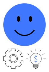 Blue happy face emphasizes positivity, gear symbolizes work or processes, and lightbulb with dollar sign conveys ideas or financial success. Ideal for innovation, productivity, creativity, business