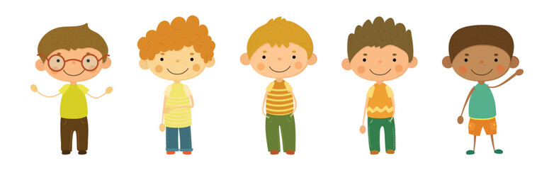 Funny Boy Kid Character Stand and Smile Vector Set