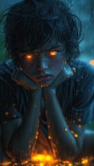 A young man consumed by darkness, lost in his own thoughts.