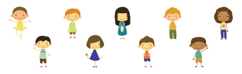 Funny Boy and Girl Kid Character Stand and Smile Vector Set