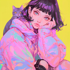 Naklejka premium Portrait of a fantastical anime character with a pet cat on a vibrant background