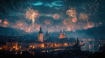 Fireworks over churches at night.