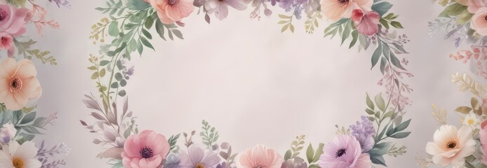 Watercolor floral wreath with pastel colors and delicate petals surrounding a central circle, floral, flowers