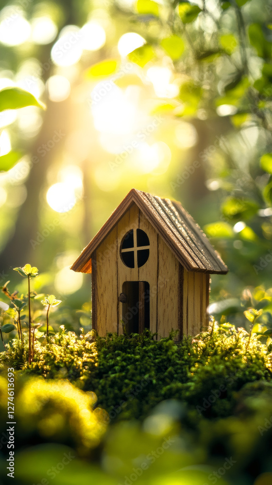 Poster small wooden house model placed on a patch of moss in a sun-drenched forest, creating a charming min
