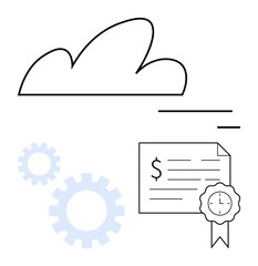 Cloud symbol, two gears, a certificate with a dollar sign and ribbon. Ideal for cloud computing, digital certification, online finance, efficiency, digital transformation, remote work education