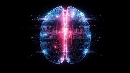 Obraz premium A digital rendering of a brain illuminated in blue and red symbolizing intelligence technology and neural networks set against a black background