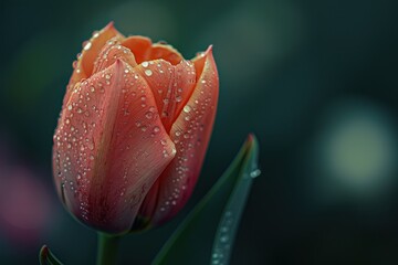 Close view of a pink tulip with water droplets on the petals in a soft background during a sunny morning in spring