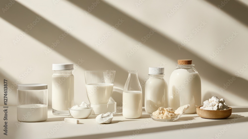 Poster assorted dairy products displayed on a minimalist countertop with soft shadows in the background