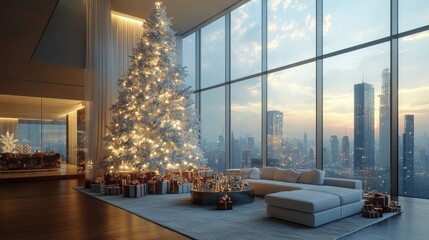 Frosted Christmas tree with gifts in a modern living room