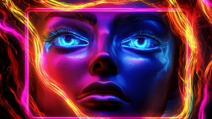 Abstract modern neon disco background with frame. neon rectangular frame or neon illuminated horizontal sign. 3d illustration. Cyberpunk Plasma Ribbons. Illustration