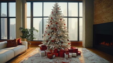 Frosted Christmas tree with gifts in a modern living room